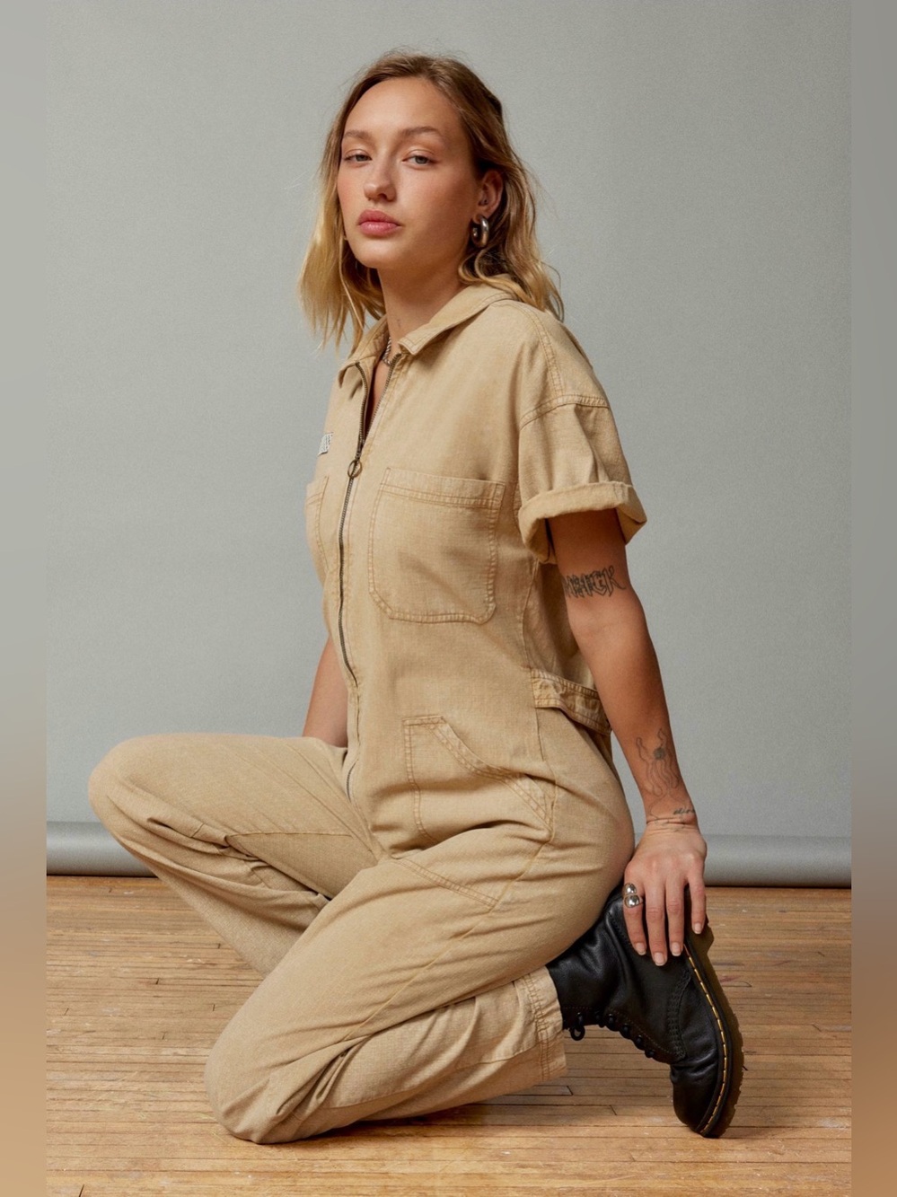 BDG Renee Coverall Jumpsuit  Beige Short-Sleeve Utility Jumpsuit